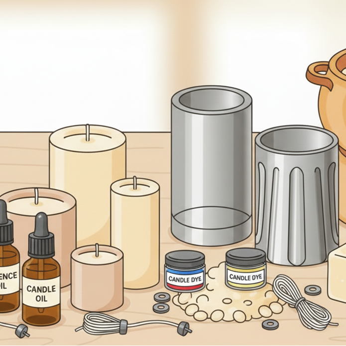 a grownup cartoon simple picture include candles, candle molds, wax, wick, wick holder, container that we melt wax in it, candle die and essence in a picture