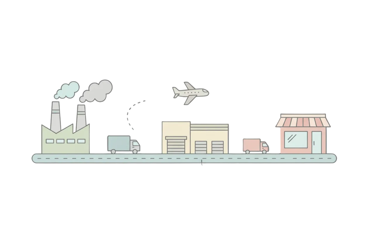 prepare a simple grownup cartoon shape pic including a factory warehouse and shop and connect them with truck and airplane. no text please less colorful just a bit faded